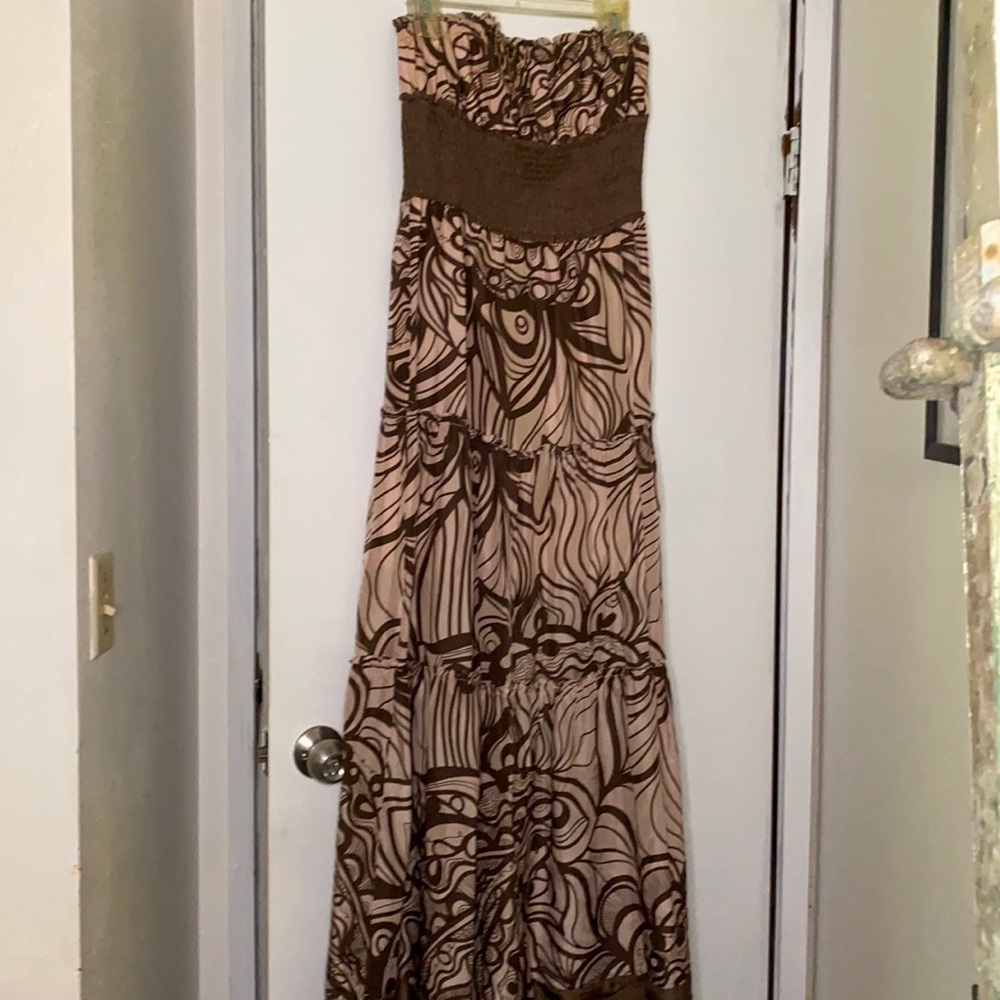 BCBG long bandeau silk dress mocha/pink sz S